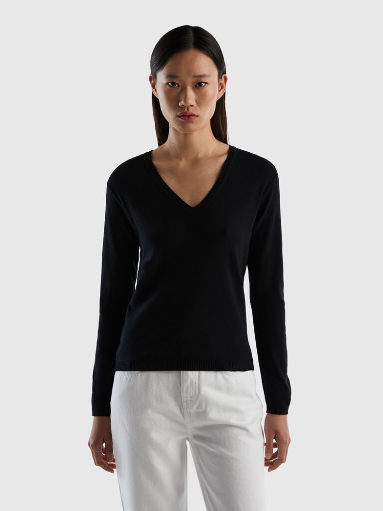 Black Women\'s Benetton Pure Cotton V-neck Sweaters | AU674942