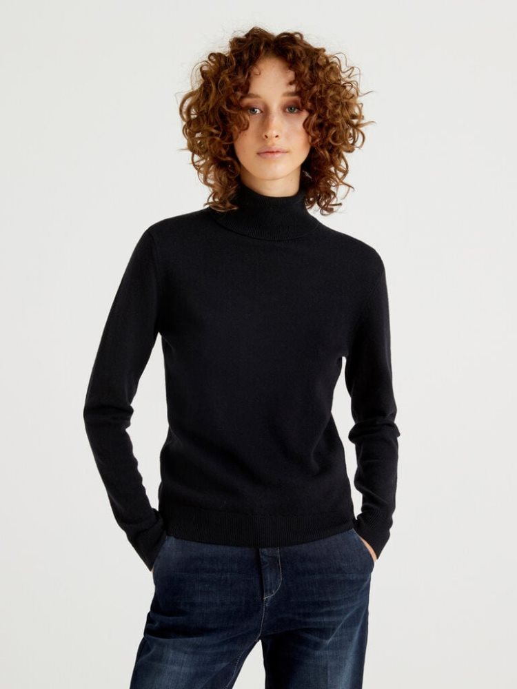 Black Women\'s Benetton Pure Merino Wool Turtleneck High Neck Sweaters | AU992570