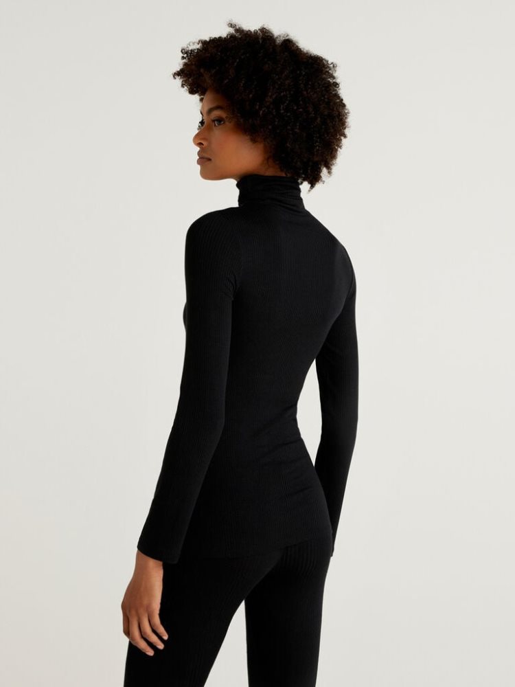 Black Women's Benetton Ribbed Turtleneck T Shirts | AU881178