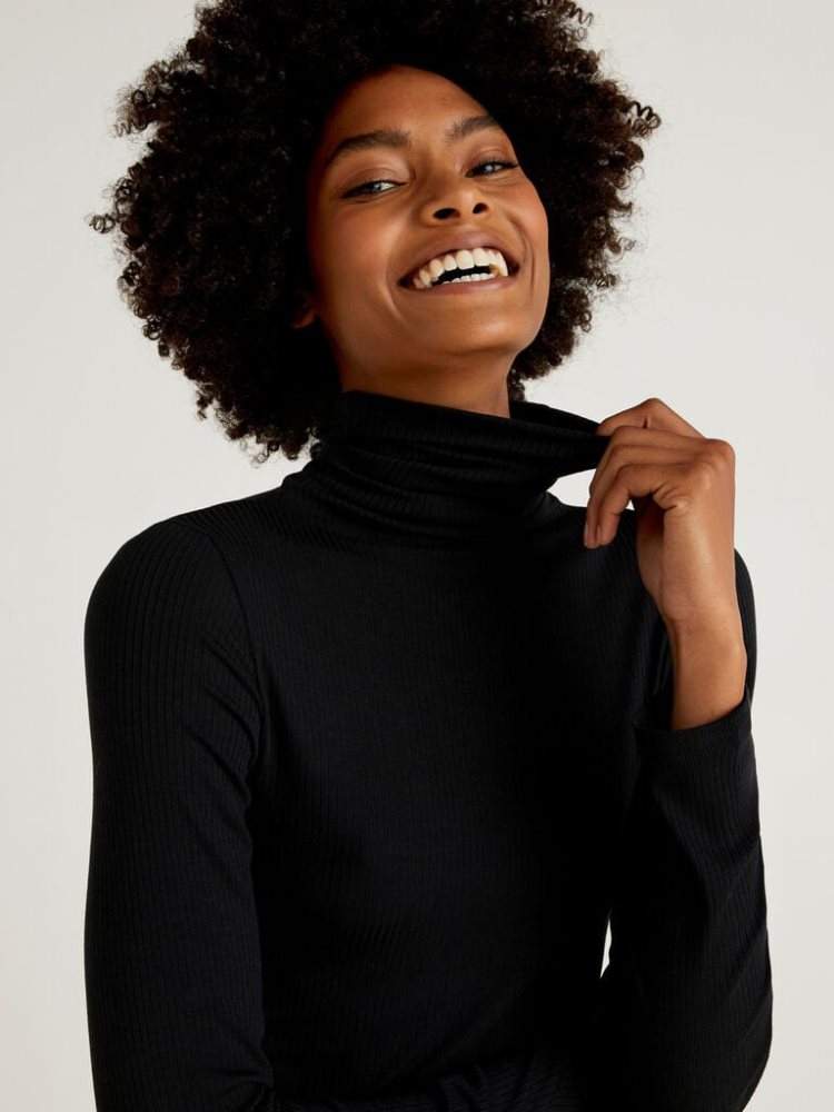 Black Women's Benetton Ribbed Turtleneck T Shirts | AU881178