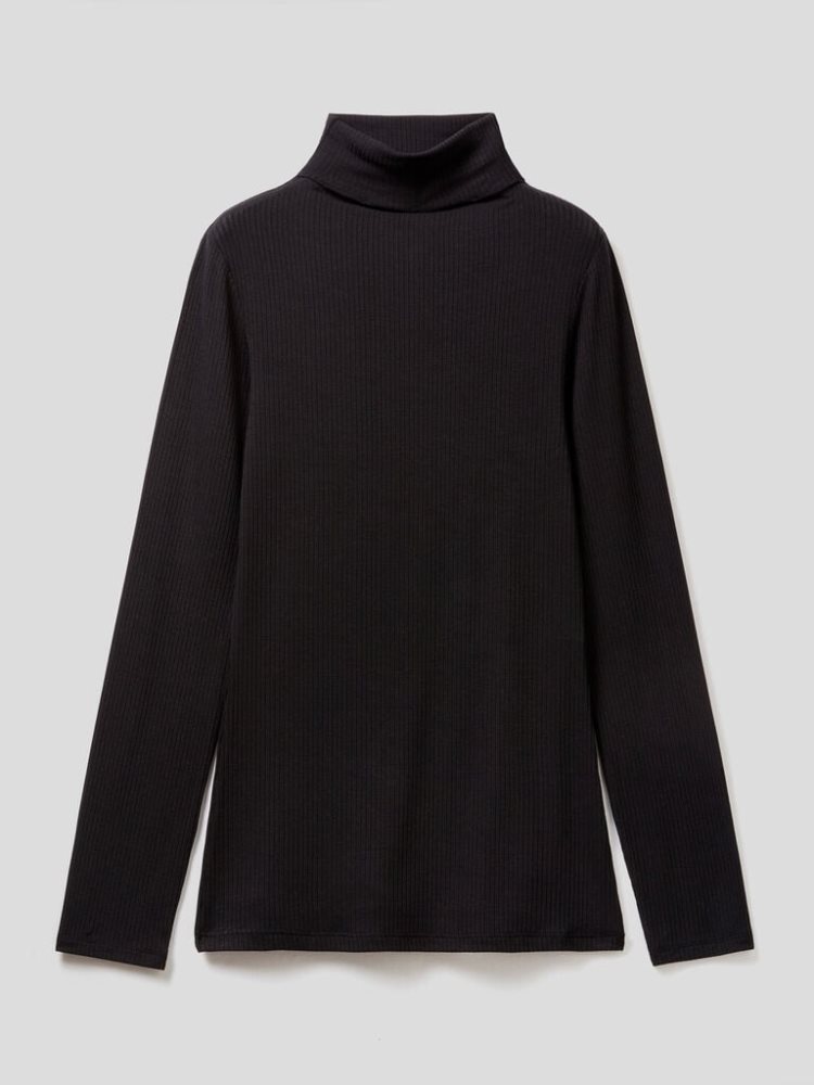 Black Women's Benetton Ribbed Turtleneck T Shirts | AU881178