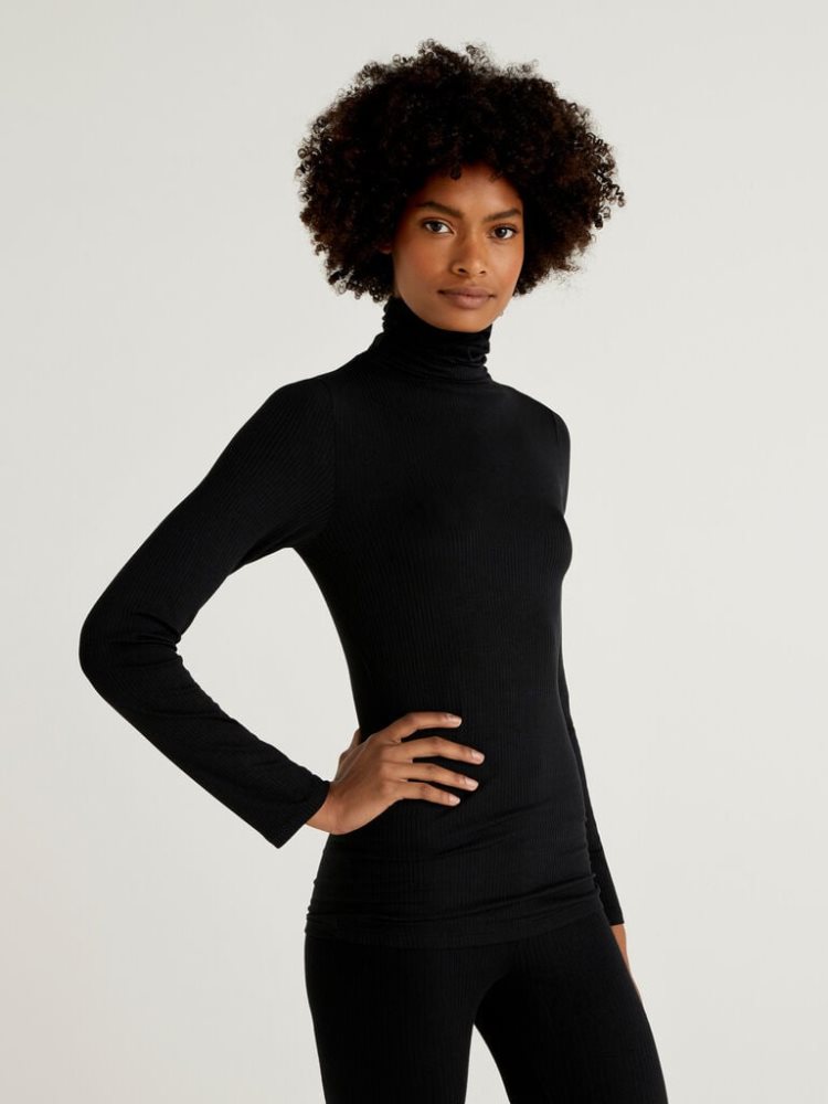 Black Women\'s Benetton Ribbed Turtleneck T Shirts | AU881178