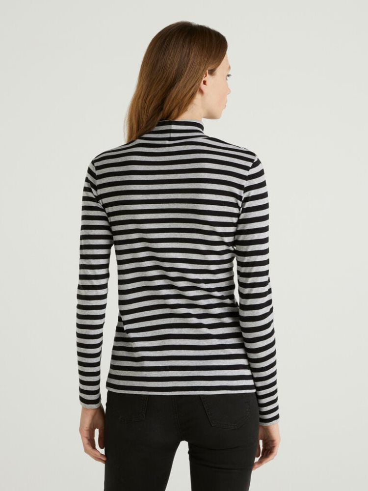 Black Women's Benetton Striped Turtleneck Long Sleeve T-shirts | AU327758