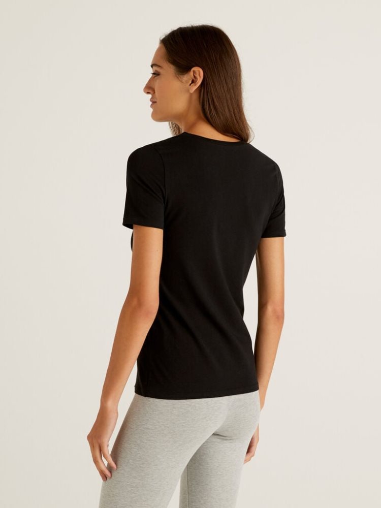 Black Women's Benetton Super Stretch Organic Cotton T Shirts | AU852435