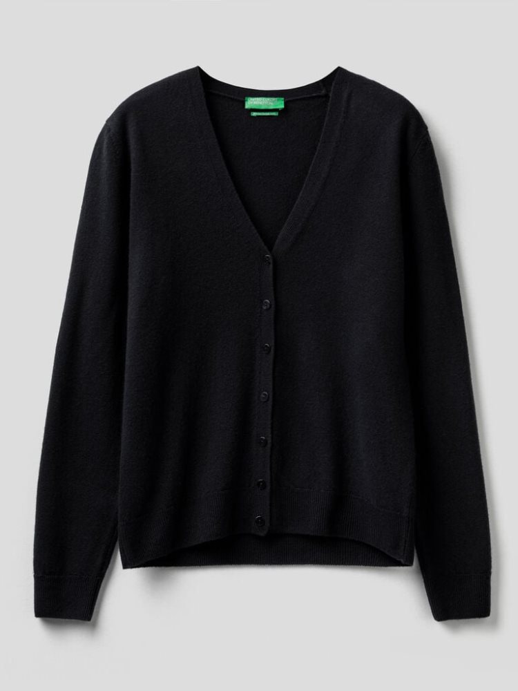 Black Women's Benetton V-neck Pure Merino Wool Cardigan | AU934241