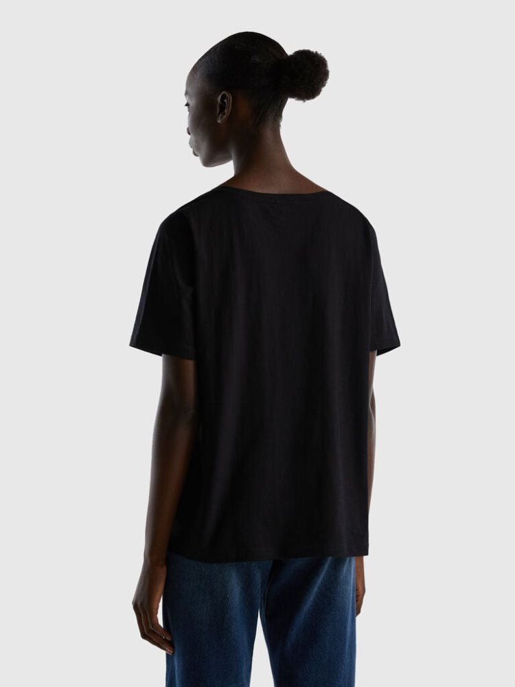 Black Women's Benetton V-neck Slub Cotton Short Sleeve T-shirts | AU387180