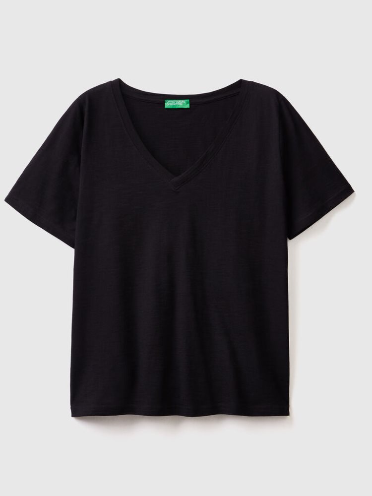 Black Women's Benetton V-neck Slub Cotton Short Sleeve T-shirts | AU387180