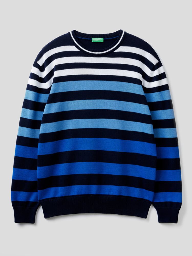 Blue Men's Benetton Striped Crew Neck Sweaters | AU292098