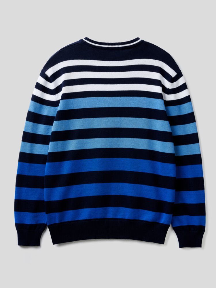 Blue Men's Benetton Striped Crew Neck Sweaters | AU292098