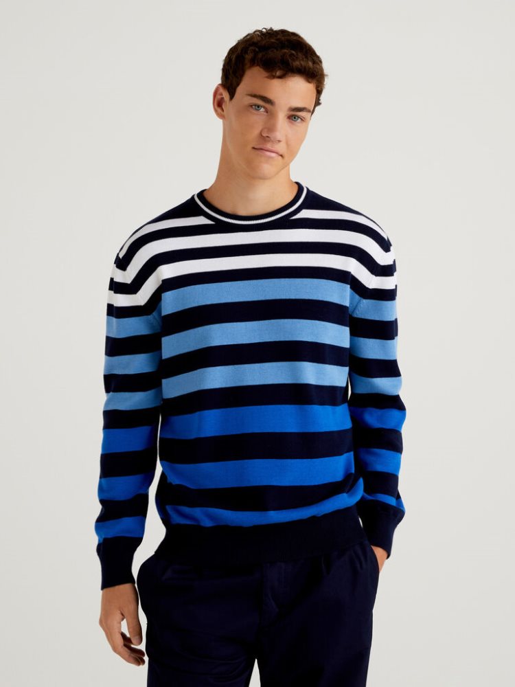 Blue Men\'s Benetton Striped Crew Neck Sweaters | AU292098