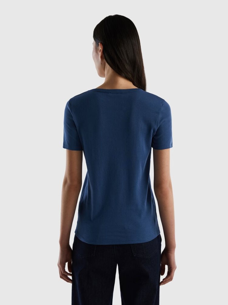 Blue Women's Benetton Long Fiber Cotton Short Sleeve T-shirts | AU433980