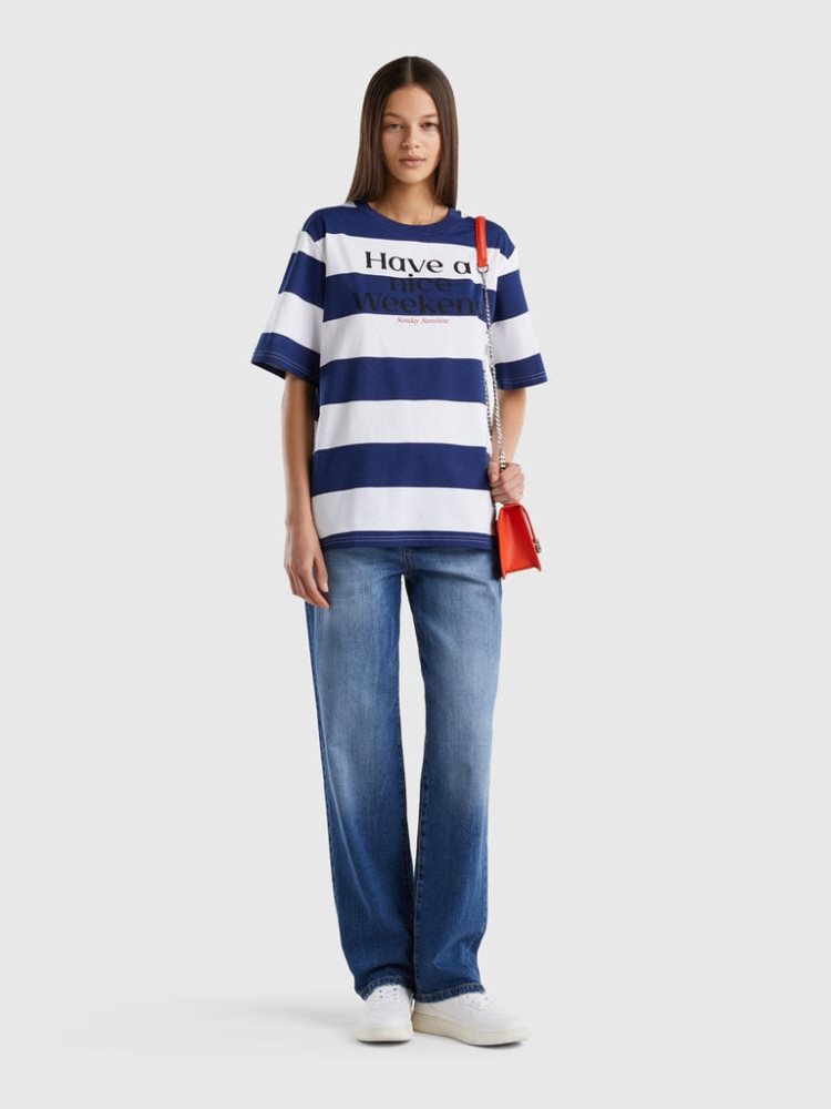 Blue Women's Benetton Striped Slogan Short Sleeve T-shirts | AU884487