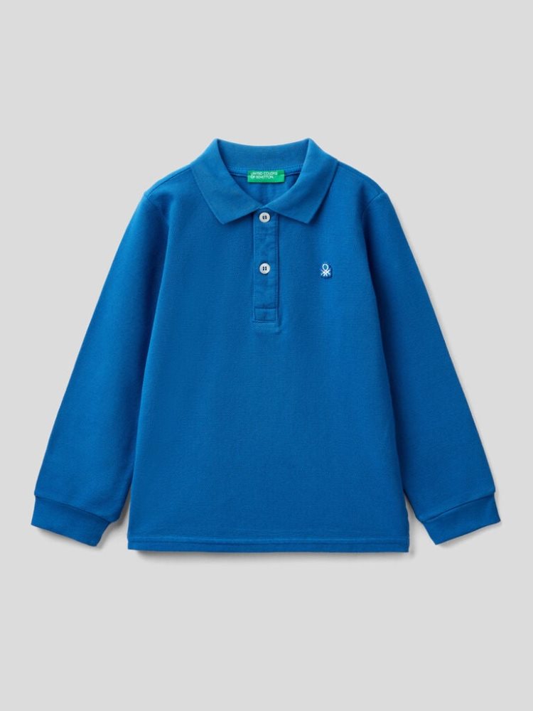 Bright Blue Kids\' Benetton Organic Cotton Long Sleeve Polo Shirts | AU948680