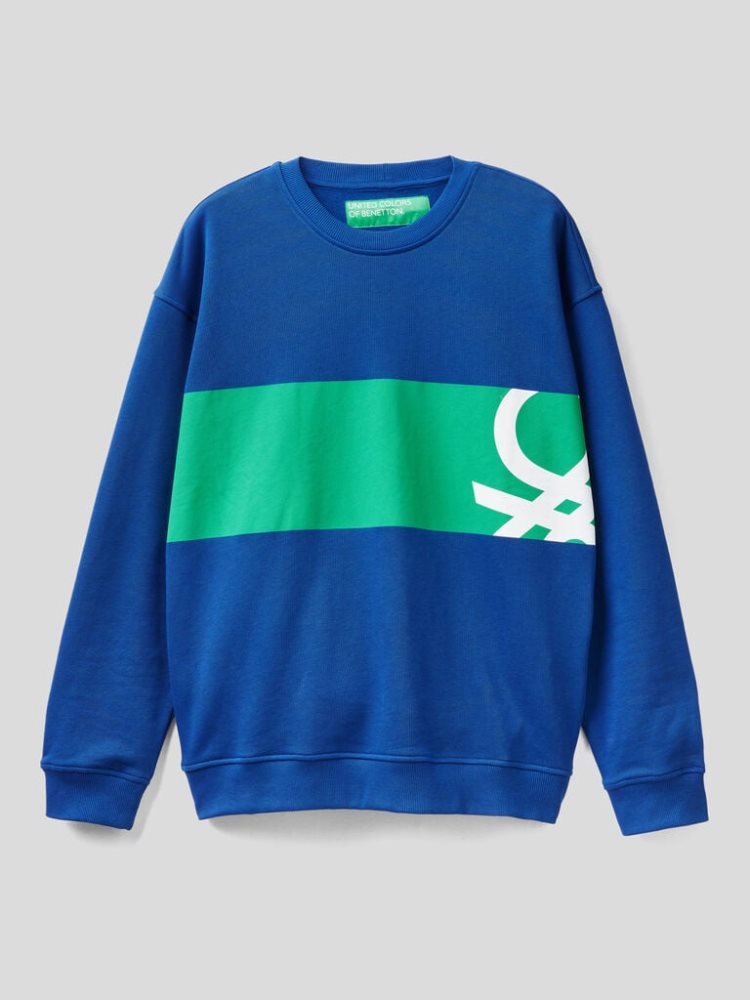 Bright Blue Men's Benetton Crew Neck Logo Print Sweatshirt | AU070475