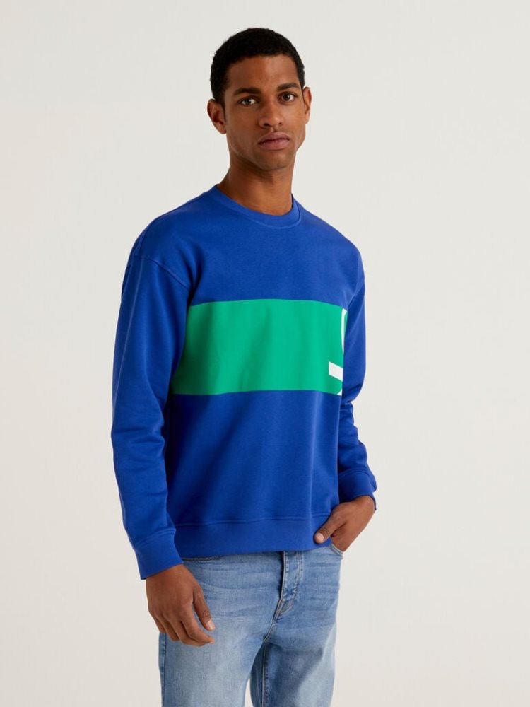 Bright Blue Men\'s Benetton Crew Neck Logo Print Sweatshirt | AU070475