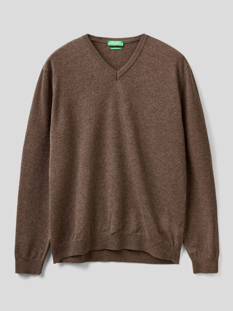 Brown Men's Benetton Pure Merino Wool V-neck Sweaters | AU582553