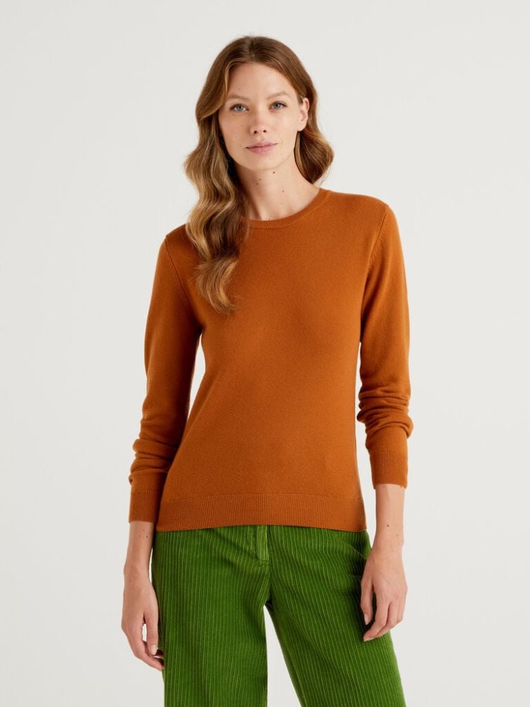 Brown Women\'s Benetton Crew Neck Merino Wool Sweaters | AU619653