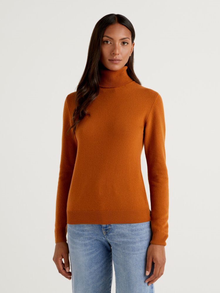 Brown Women\'s Benetton Pure Merino Wool Turtleneck High Neck Sweaters | AU958869