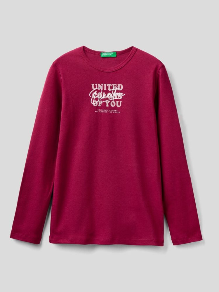 Burgundy Kids\' Benetton Long Sleeve Glitter Print T Shirts | AU172713