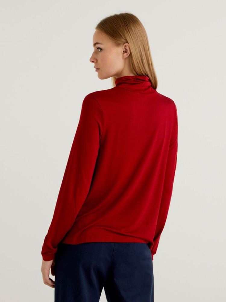 Burgundy Women's Benetton Sustainable Stretch Viscose Turtleneck Long Sleeve T-shirts | AU190980