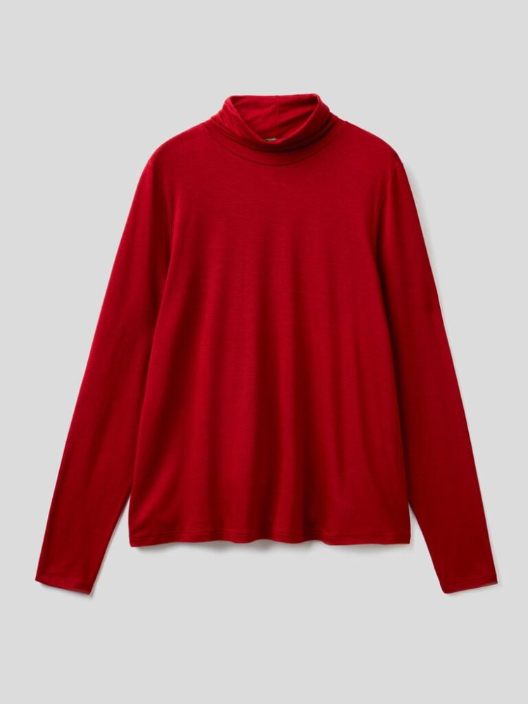 Burgundy Women's Benetton Sustainable Stretch Viscose Turtleneck Long Sleeve T-shirts | AU190980