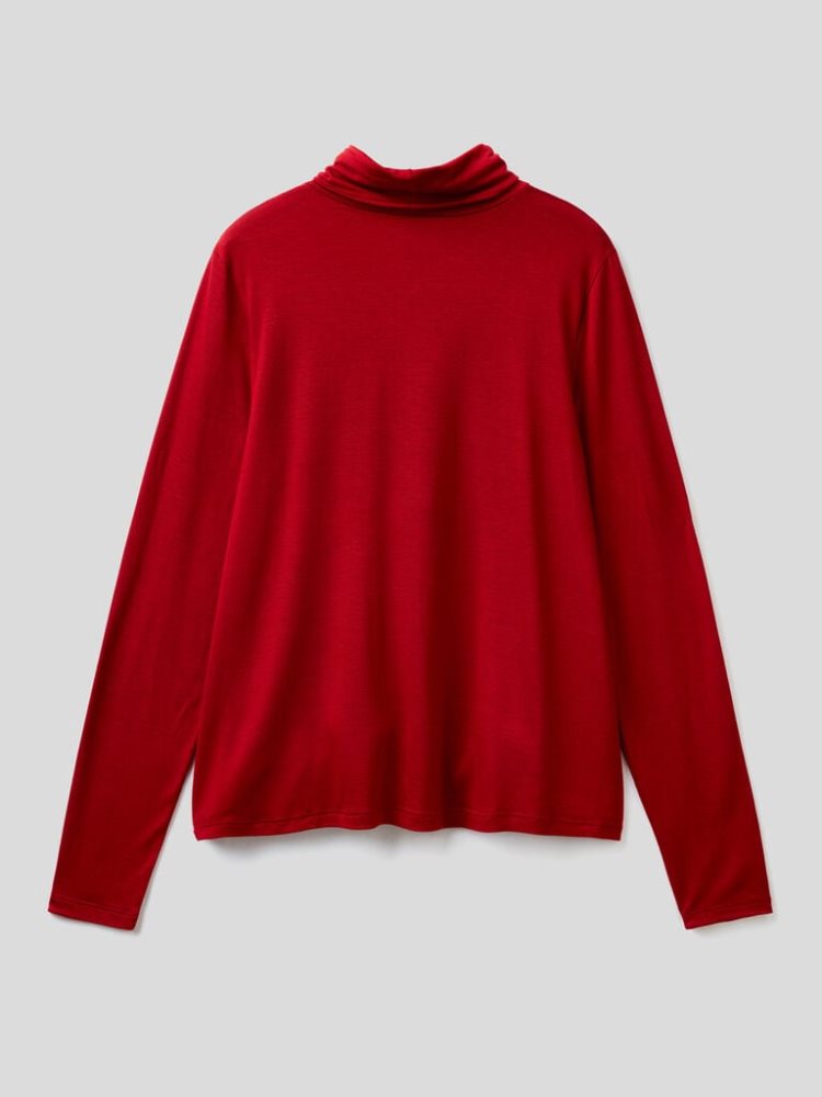 Burgundy Women's Benetton Sustainable Stretch Viscose Turtleneck Long Sleeve T-shirts | AU190980