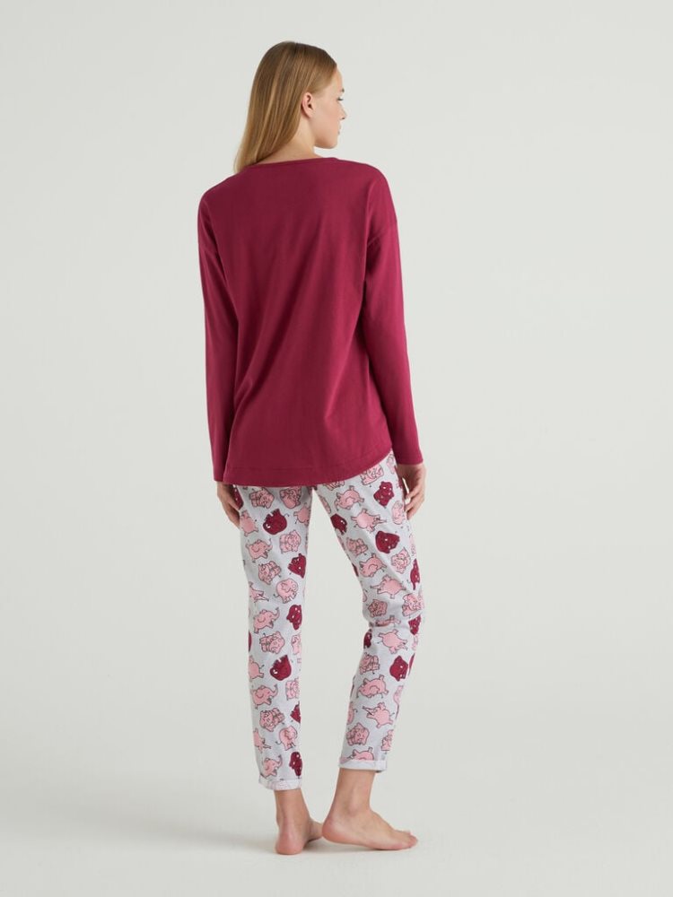 Burgundy Women's Benetton Warm Cotton Print Matching Sets | AU141072