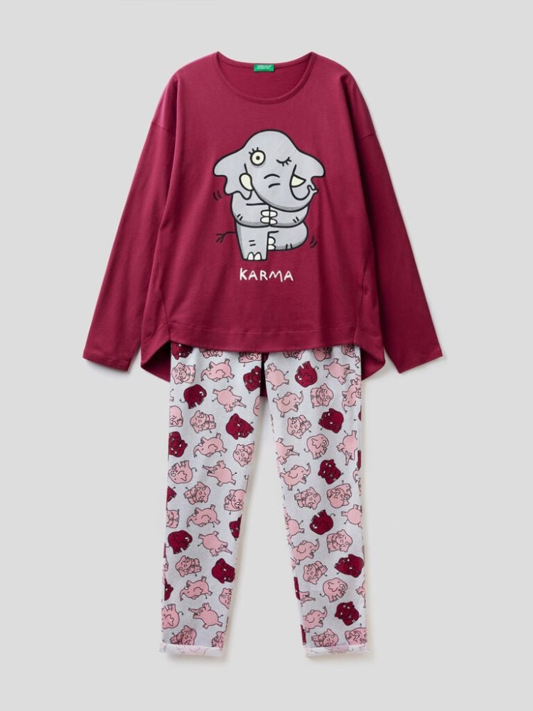 Burgundy Women's Benetton Warm Cotton Print Matching Sets | AU141072