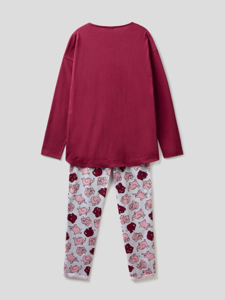 Burgundy Women's Benetton Warm Cotton Print Matching Sets | AU141072