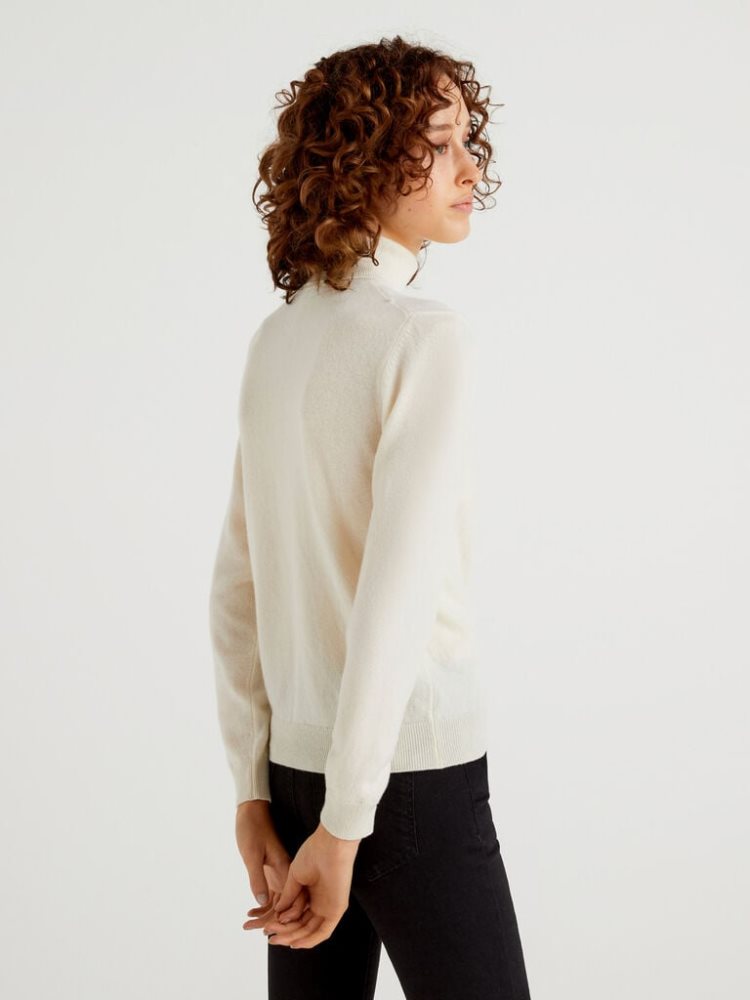 Cream White Women's Benetton Pure Merino Wool Turtleneck High Neck Sweaters | AU016823