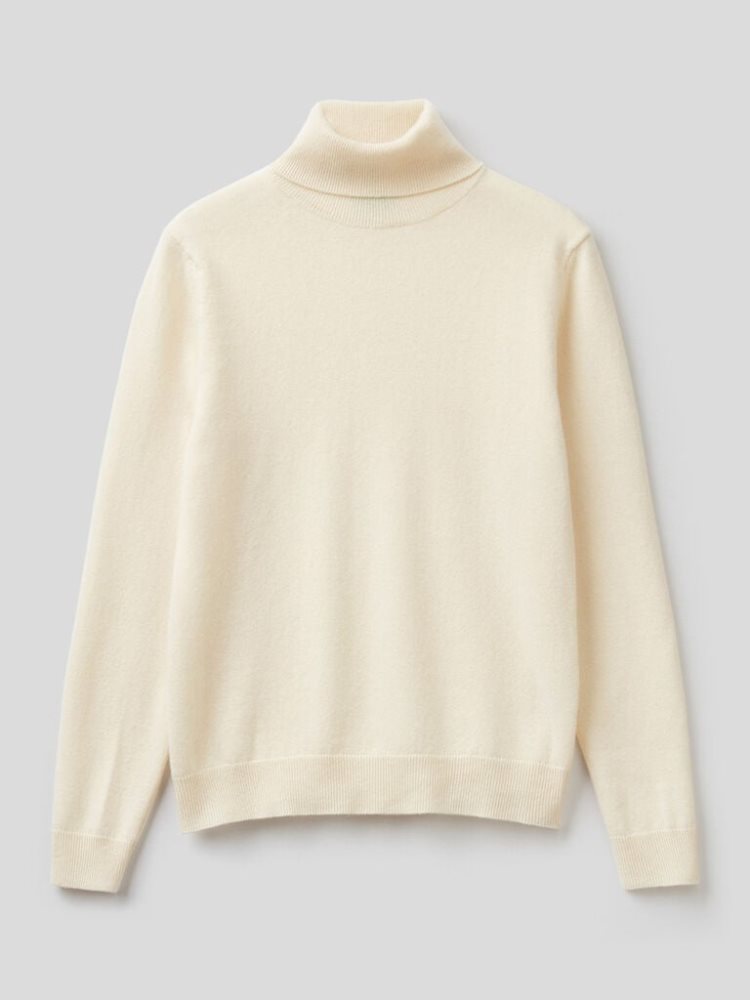 Cream White Women's Benetton Pure Merino Wool Turtleneck High Neck Sweaters | AU016823