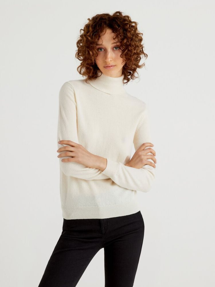 Cream White Women\'s Benetton Pure Merino Wool Turtleneck High Neck Sweaters | AU016823