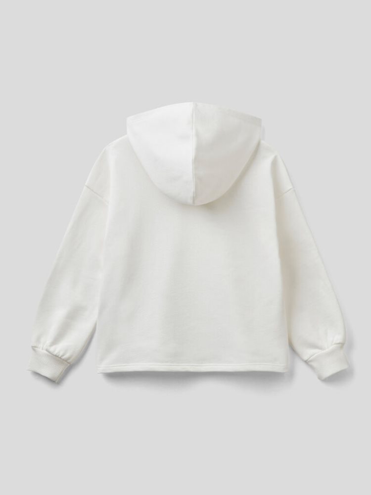 Creamy White Kids' Benetton 100% Cotton Boxy Hoodie | AU512541