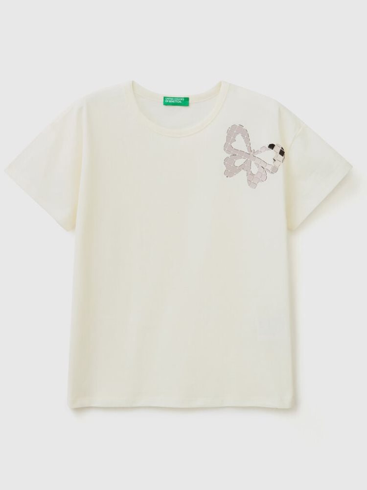 Creamy White Kids\' Benetton Boxy Fit Applique Short Sleeve T-shirts | AU465120