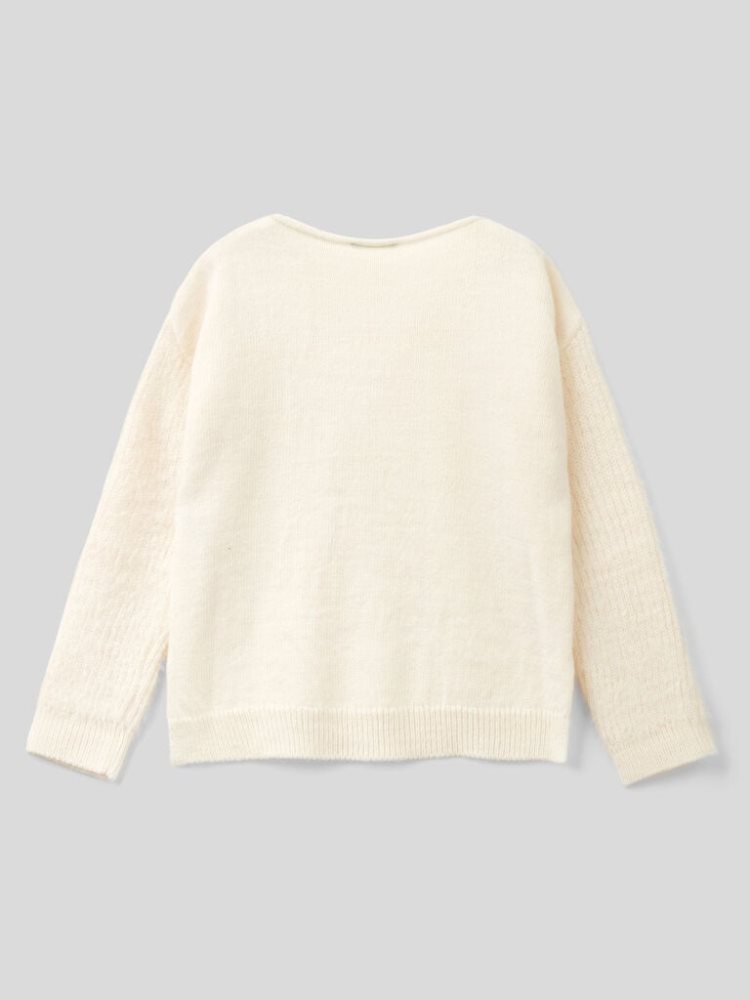 Creamy White Kids' Benetton Crew Neck Wool Blend Sweaters | AU137848