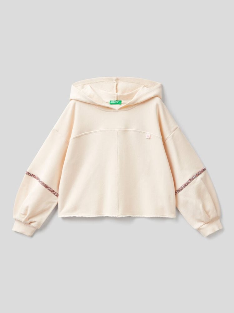 Creamy White Kids\' Benetton Cropped Jeweled Details Hoodie | AU642642