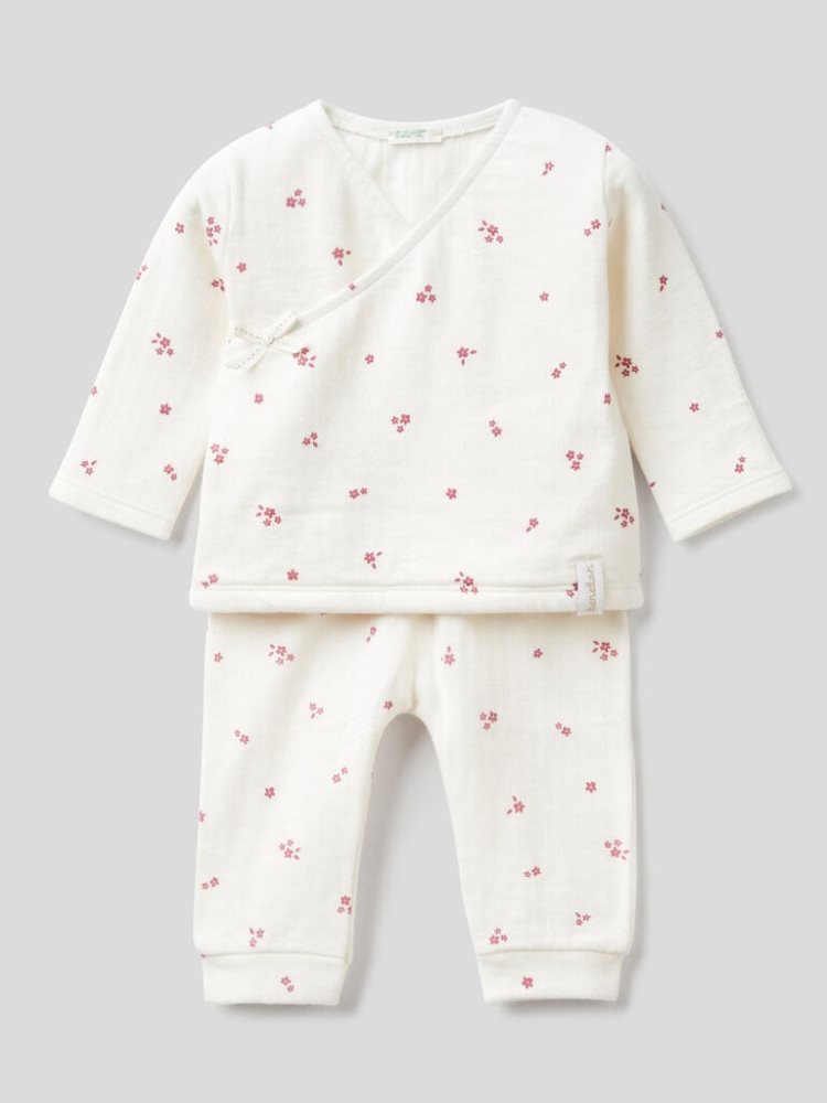 Creamy White Kids\' Benetton Floral T-shirt And Trousers Outfit Dungarees | AU156915