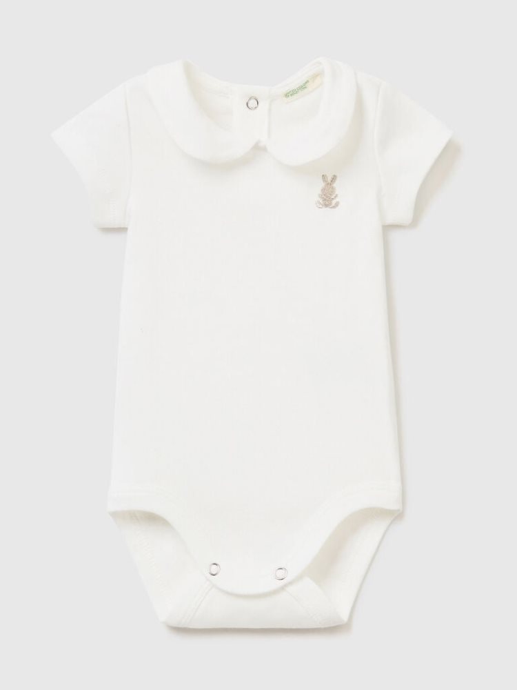 Creamy White Kids\' Benetton Onesie Collar Organic Cotton Outfit | AU097628