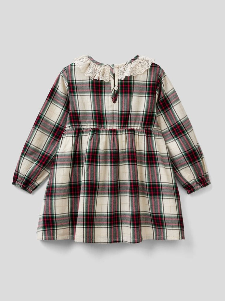 Creamy White Kids' Benetton Tartan Lace Collar Dress | AU687421