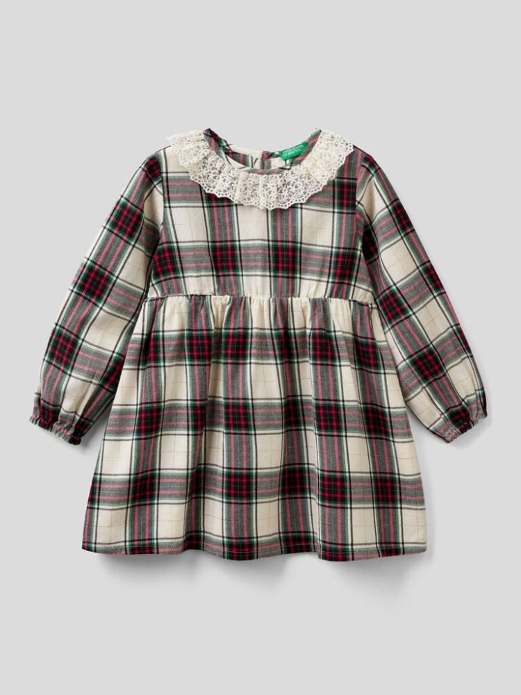 Creamy White Kids\' Benetton Tartan Lace Collar Dress | AU687421