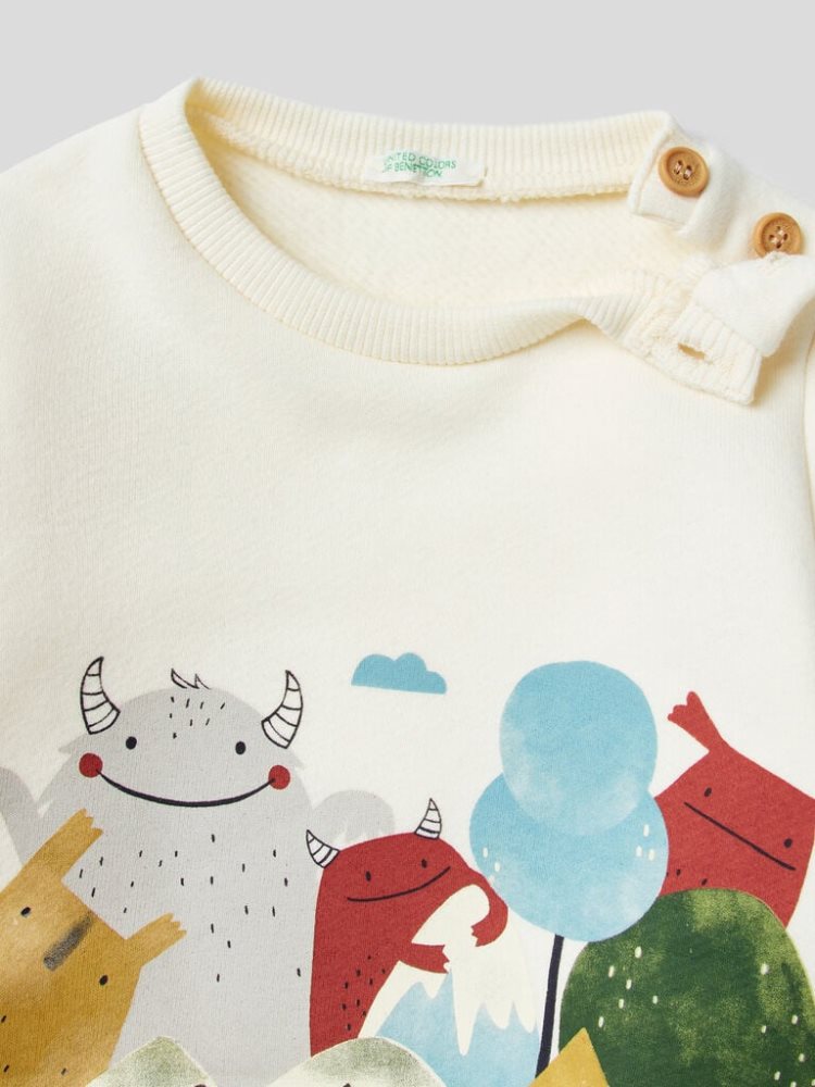 Creamy White Kids' Benetton Water-based Print Hoodie | AU038130