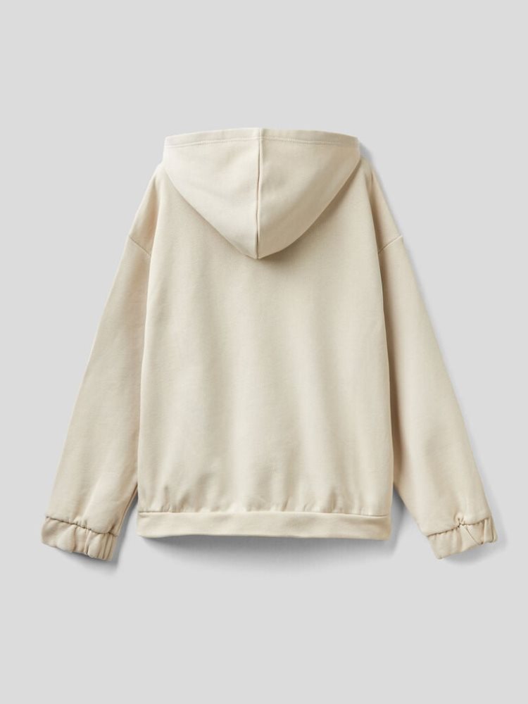 Creamy White Kids' Benetton Zip Organic Cotton Hoodie | AU268165