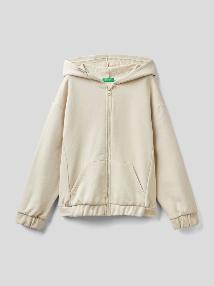 Creamy White Kids\' Benetton Zip Organic Cotton Hoodie | AU268165