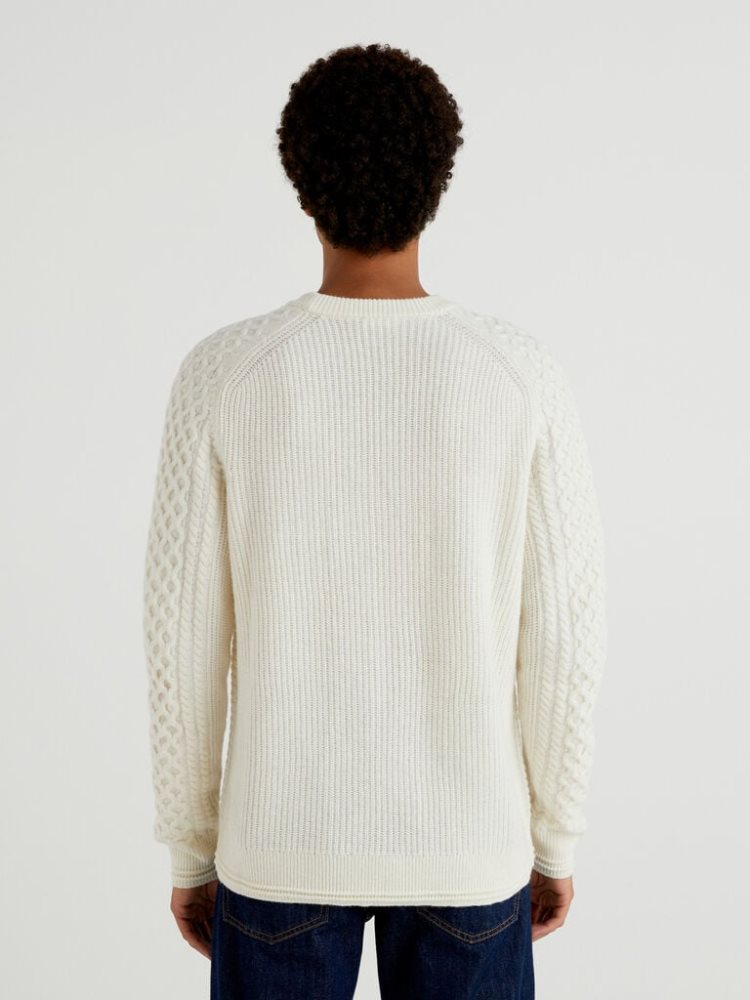 Creamy White Men's Benetton Knit Wool Blend Crew Neck Sweaters | AU361897