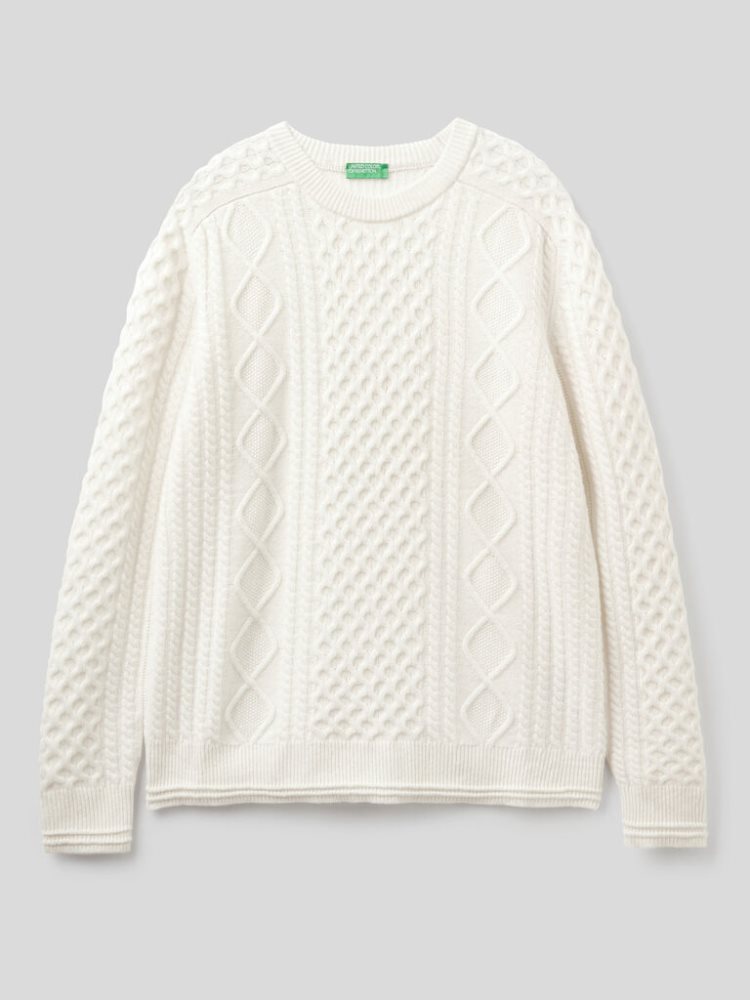 Creamy White Men's Benetton Knit Wool Blend Crew Neck Sweaters | AU361897