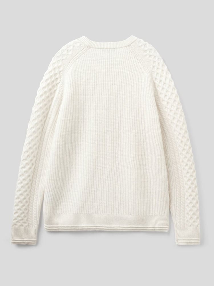 Creamy White Men's Benetton Knit Wool Blend Crew Neck Sweaters | AU361897