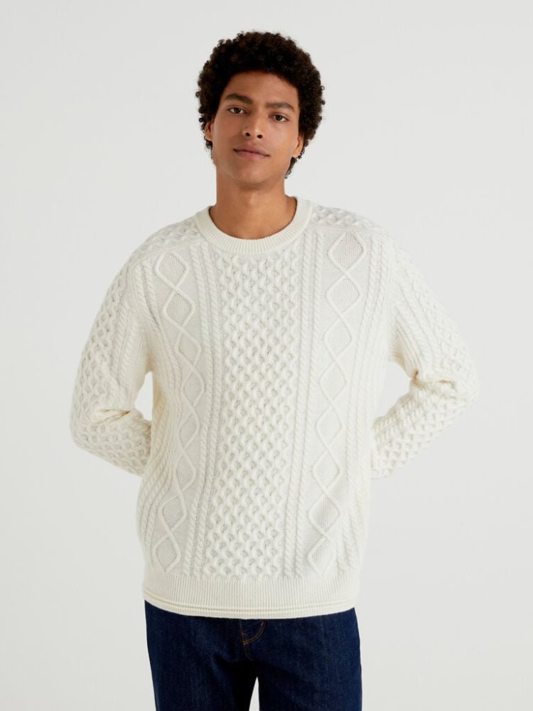 Creamy White Men\'s Benetton Knit Wool Blend Crew Neck Sweaters | AU361897