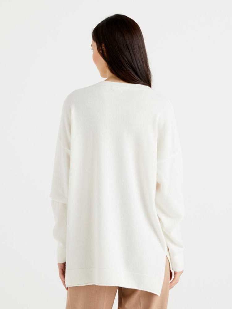 Creamy White Women's Benetton Boxy Fit Cashmere Blend Crew Neck Sweaters | AU726038