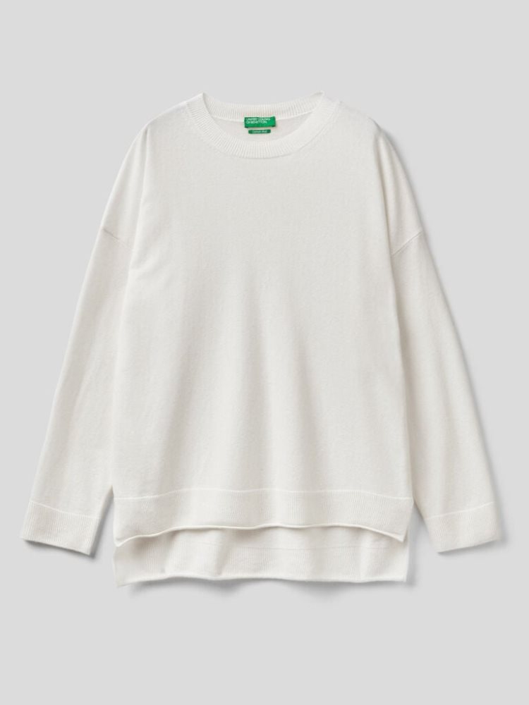 Creamy White Women's Benetton Boxy Fit Cashmere Blend Crew Neck Sweaters | AU726038