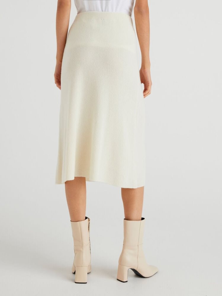 Creamy White Women's Benetton Linen Blend Midi Skirts | AU458304